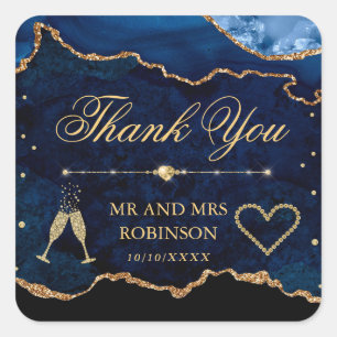 Blaue und goldene Glitter-Marmor-Achat-Hochzeit Quadratischer Aufkleber