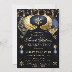 Blaue und goldene Glitter-Weihnachtskugeln Sweet S Einladung