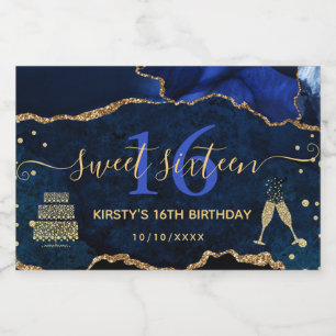 Blaue und goldene glitzernde Achat-Murmel Sweet 16 Schaumweinetikett