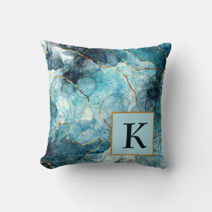 Blaue und goldene glitzernde Marmor-Monogramm-Wurf Kissen