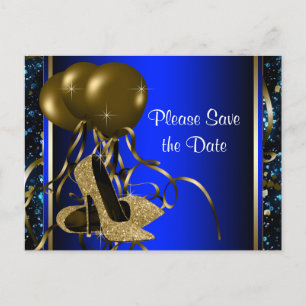 Blaue und goldene High Heel Schuhe Save The Date Ankündigungspostkarte