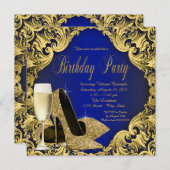 Blaue und goldene High Heels Champagner Geburtstag Einladung (Vorne/Hinten)