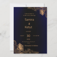 Blaue und goldene Hochzeitseinladung mit QR-Code