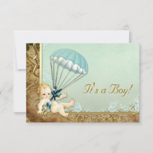 Blaue und goldene Jungs Vintage-Baby-Party Einladung