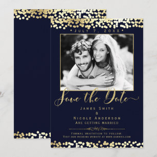 Blaue und goldene Konfetti-Foto-Hochzeit - Heirats Einladung