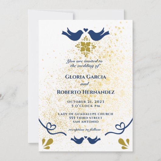 Blaue und goldene Liebesvögel mexikanische Hochzei Einladung (Vorderseite)