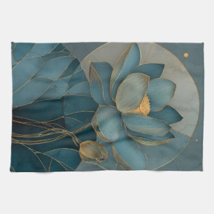 Blaue und goldene Lotusblume geometrische Linienku Geschirrtuch