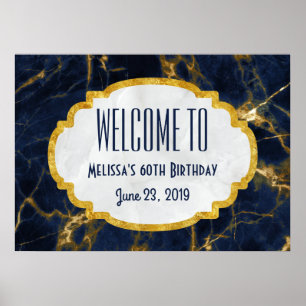 Blaue und goldene Marmor Moderne Geburtstagswillko Poster