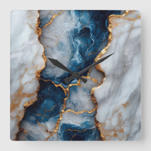 Blaue und goldene Marmor-Wanduhr im Quadratformat Quadratische Wanduhr