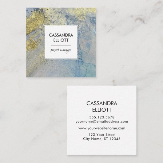 Blaue und goldene Marmorplatte Abstrakte flüssige Quadratische Visitenkarte (Vorne/Hinten)