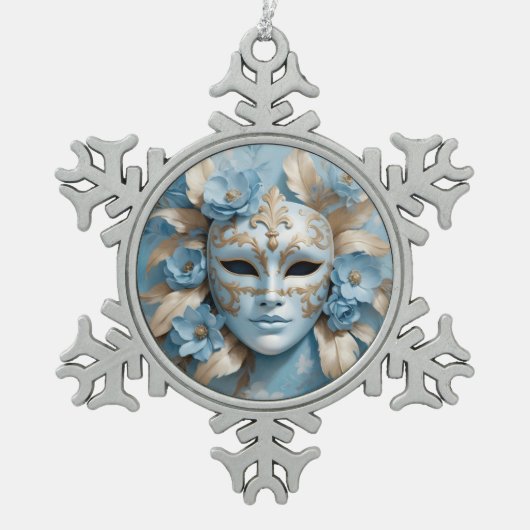 Blaue und goldene Maske Schneeflocken Zinn-Ornament (Vorderseite)