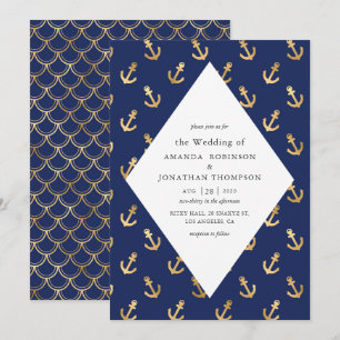 Blaue und goldene nautische Hochzeit Einladung