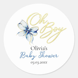Blaue und goldene „Oh Boy“ Gold-Typografie-Baby-Pa Runder Aufkleber