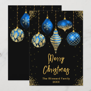 Blaue und goldene Ornamente Frohe Weihnachten