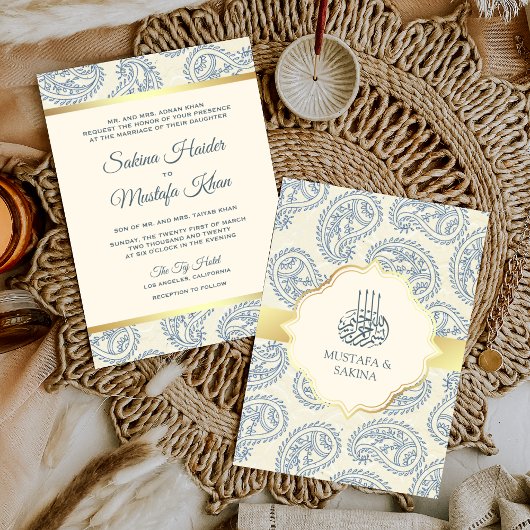 Blaue und goldene Paisley Islamische Hochzeit Einladung