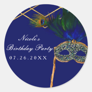 Blaue und goldene Pfauen-Maskenparty - individuell Runder Aufkleber