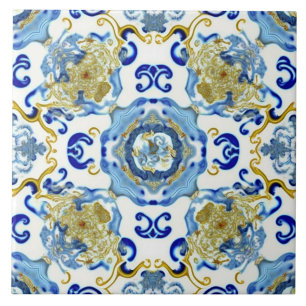 Blaue und goldene Porzellan-inspirierte Medaillon Fliese