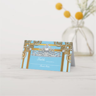 Blaue und goldene Prinzessinnen-Kronen-Tiara-Party Platzkarte