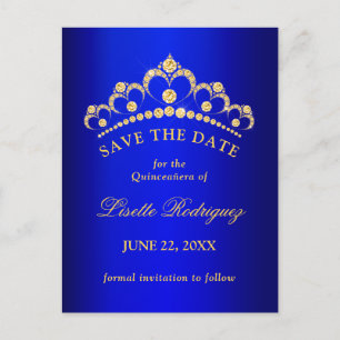 Blaue und goldene Quinceanera-Save-The-Date-Karte Postkarte