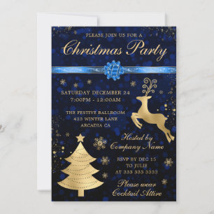 Blaue und goldene Rentier- und Baum-Weihnachtsfeie Einladung