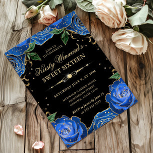 Blaue und goldene Rosen Floral Sweet Sixteen Einladung