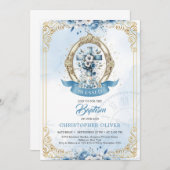 Blaue und goldene rustikale Holzkreuz Taufe Einladung (Vorne/Hinten)