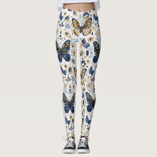 Blaue und goldene Schmetterlings-Blumen-Frauenlegg Leggings