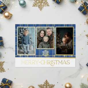 Blaue und goldene Schottenkaro Weihnachtsfoto Folien Feiertagskarte