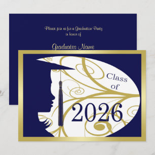 Blaue und goldene Silhouette 2026 Abschlussfeier Einladung