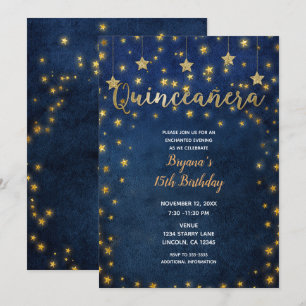 Blaue und goldene Sterne Himmel Quinceañera-Party Einladung