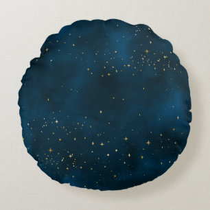Blaue und goldene Sternenzeit Rundes Kissen