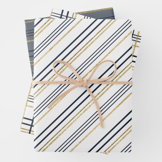 Blaue und goldene Streifen und -platten Geschenkpapier Set (Beispiel)
