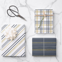 Blaue und goldene Streifen und -platten  Geschenkpapier Set