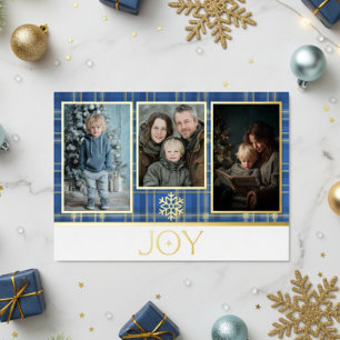 Blaue und goldene Tartan-Karo-Weihnachtsfreude-Fot Folien Feiertagskarte