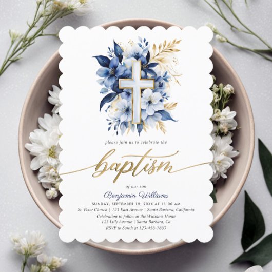 Blaue und goldene Taufe für das Foto Aquarell Einladung