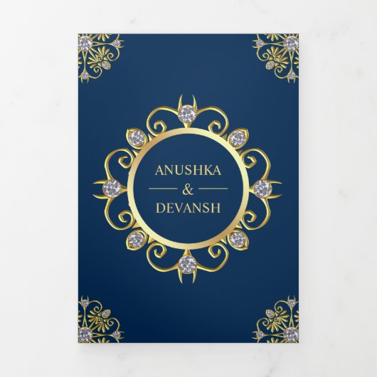 Blaue und goldene traditionelle Mandala-Hochzeit Dreifach Gefaltete Einladung (Cover)