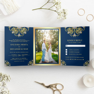 Blaue und goldene traditionelle Mandala-Hochzeit Dreifach Gefaltete Einladung