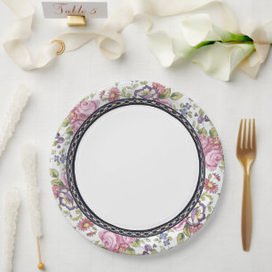 Blaue und goldene Umrandung Rosa Blumengarten-Teep Pappteller
