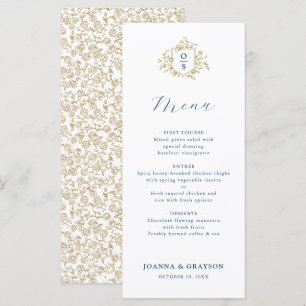 Blaue und goldene Vintage-Botanical-Hochzeit Menükarte