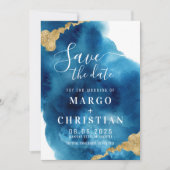 Blaue und goldene Wasserfarbe Save the Date Einlad Einladung (Vorderseite)