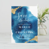 Blaue und goldene Wasserfarbe Save the Date Einlad Einladung (Stehend Vorderseite)