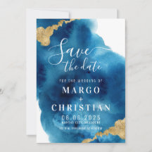 Blaue und goldene Wasserfarbe Save the Date Einlad