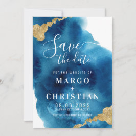 Blaue und goldene Wasserfarbe Save the Date Einlad Einladung