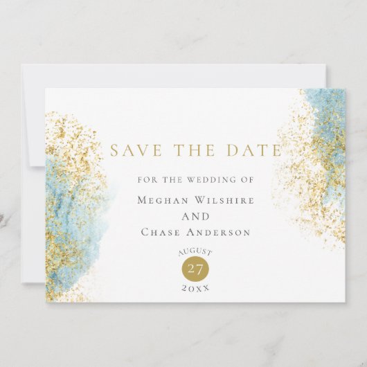 Blaue und goldene Wasserfarben Save the Date (Vorderseite)