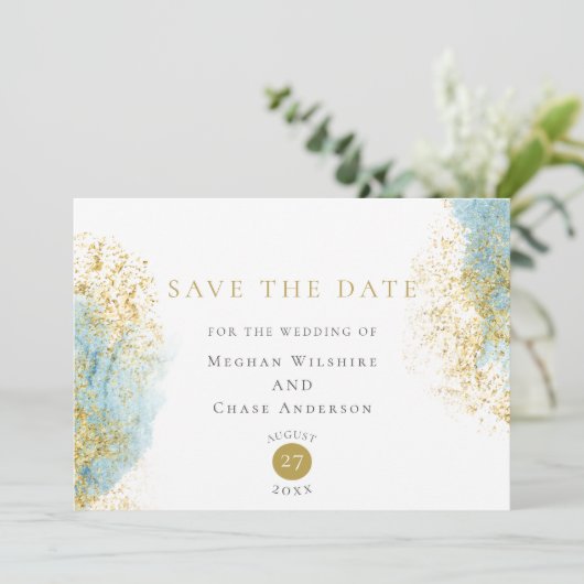 Blaue und goldene Wasserfarben Save the Date (Stehend Vorderseite)