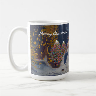 Blaue und goldene Weihnachtsbäume in der nächtlich Kaffeetasse