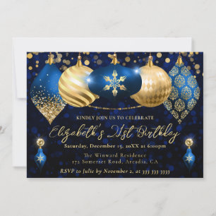 Blaue und goldene Weihnachtsbaumkugeln Geburtstags Einladung