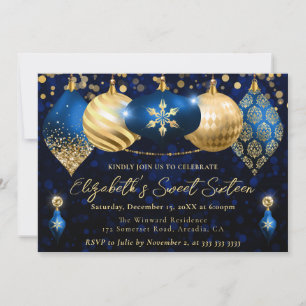 Blaue und goldene Weihnachtskugeln Sweet 16 Einladung