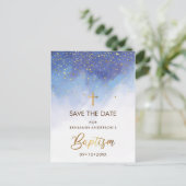 Blaue und Goldtaufe Save the Date Postkarte (Stehend Vorderseite)