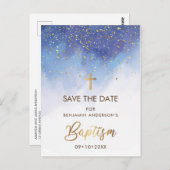 Blaue und Goldtaufe Save the Date Postkarte (Vorne/Hinten)